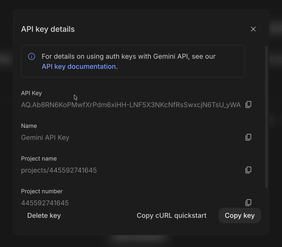 Окно API key details с кнопкой Copy key